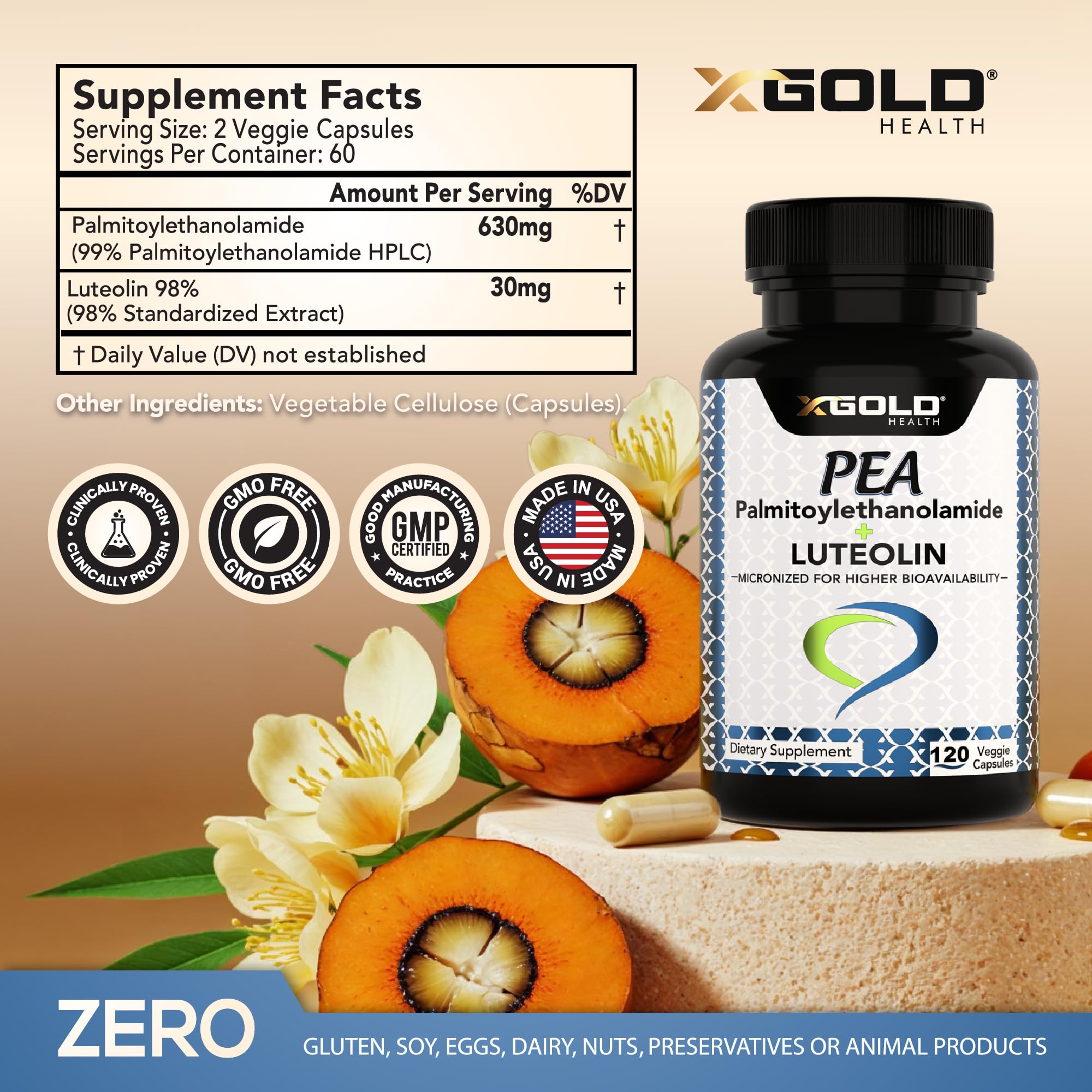 Palmitoylethanolamide 630 mg + Luteolin Standardized 98%- Micronized Pea 99% Highly Purified and Bioavailable - Made in USA - Supplement for Men and Women - 120 Veggie Capsules - TrustMedUSA