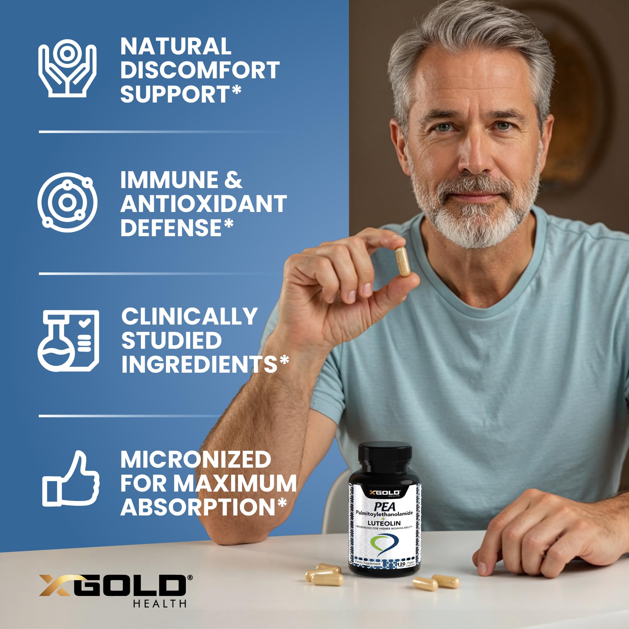Palmitoylethanolamide 630 mg + Luteolin Standardized 98%- Micronized Pea 99% Highly Purified and Bioavailable - Made in USA - Supplement for Men and Women - 120 Veggie Capsules - TrustMedUSA