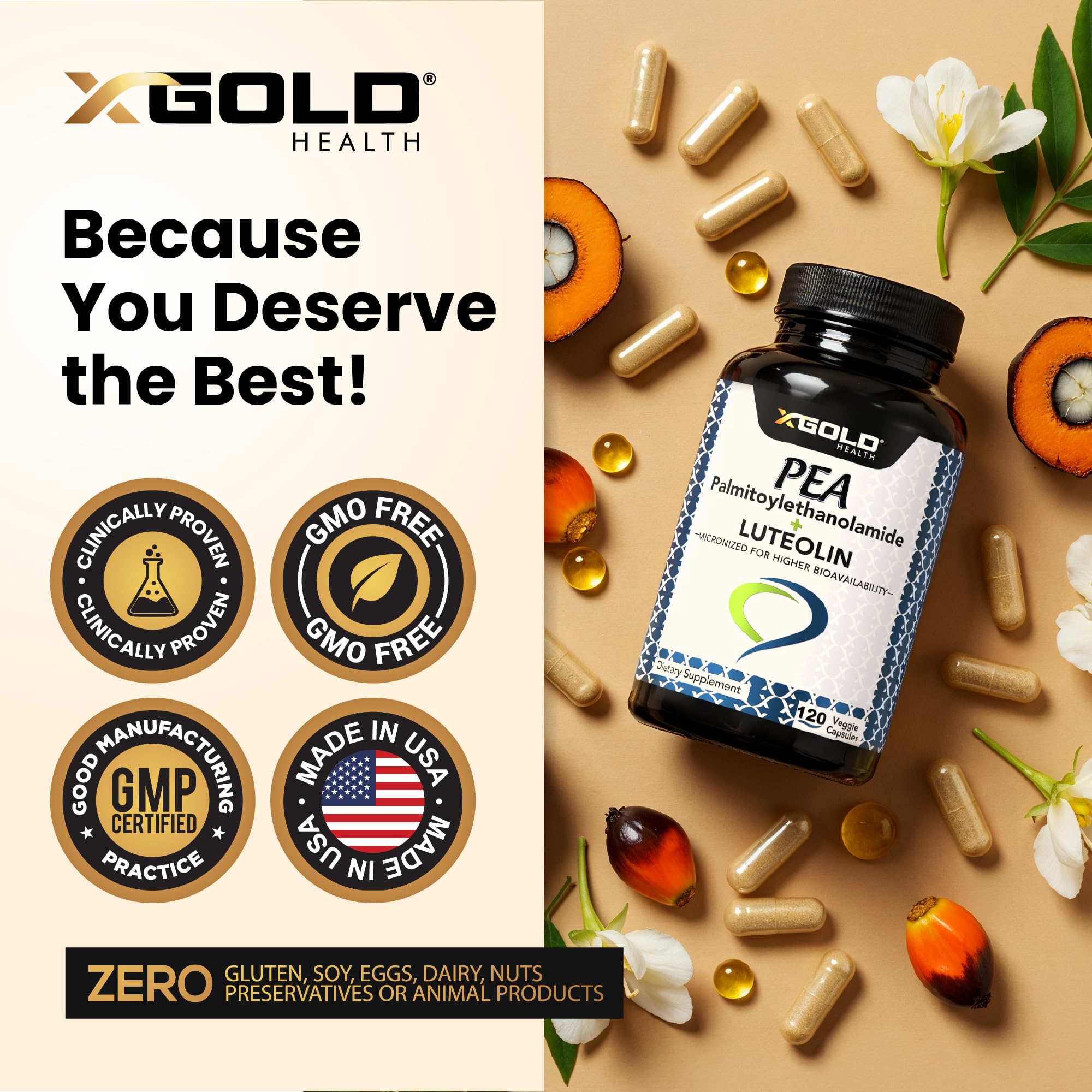 Palmitoylethanolamide 630 mg + Luteolin Standardized 98%- Micronized Pea 99% Highly Purified and Bioavailable - Made in USA - Supplement for Men and Women - 120 Veggie Capsules - TrustMedUSA