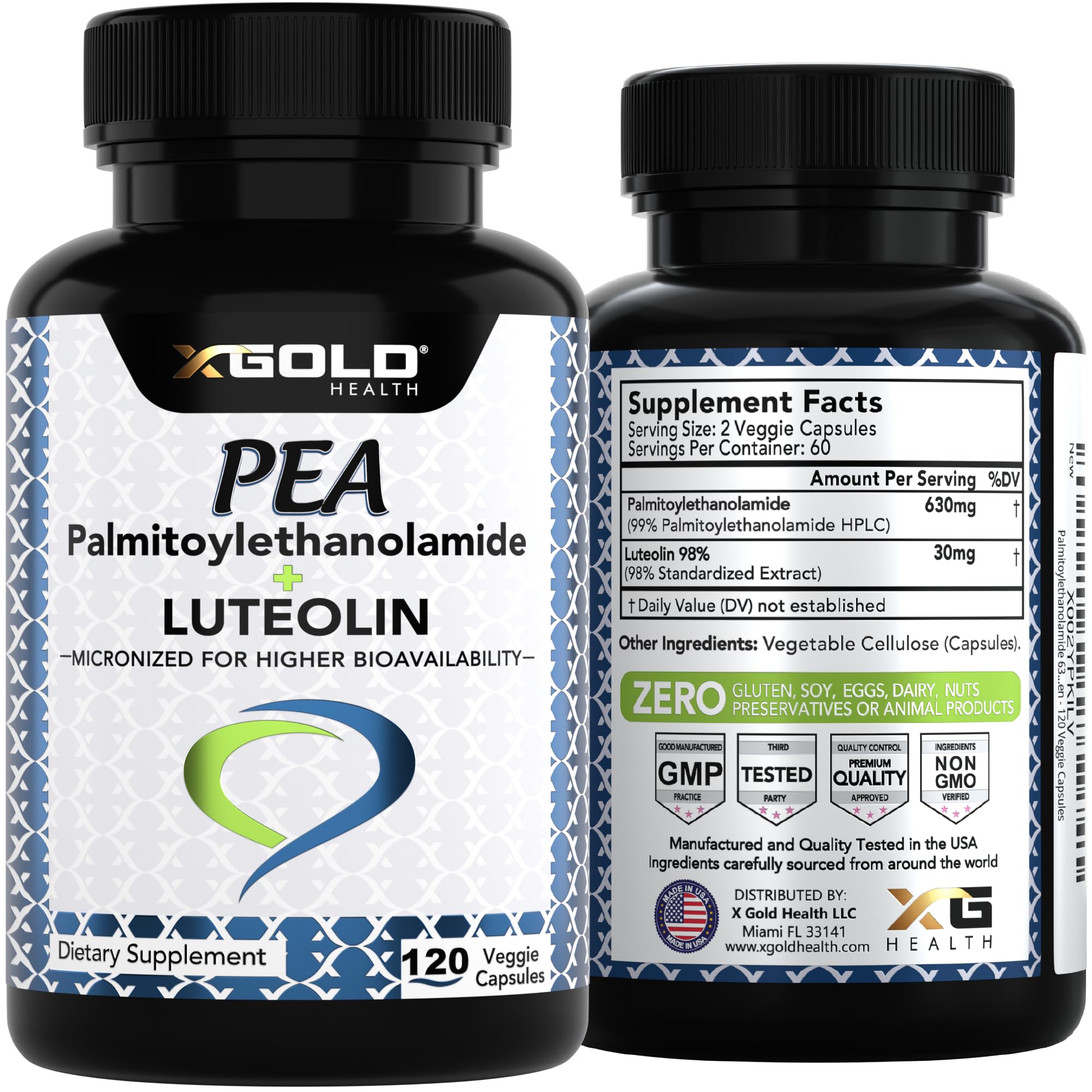 Palmitoylethanolamide 630 mg + Luteolin Standardized 98%- Micronized Pea 99% Highly Purified and Bioavailable - Made in USA - Supplement for Men and Women - 120 Veggie Capsules - TrustMedUSA