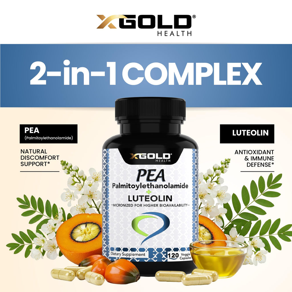 Palmitoylethanolamide 630 mg + Luteolin Standardized 98%- Micronized Pea 99% Highly Purified and Bioavailable - Made in USA - Supplement for Men and Women - 120 Veggie Capsules - TrustMedUSA