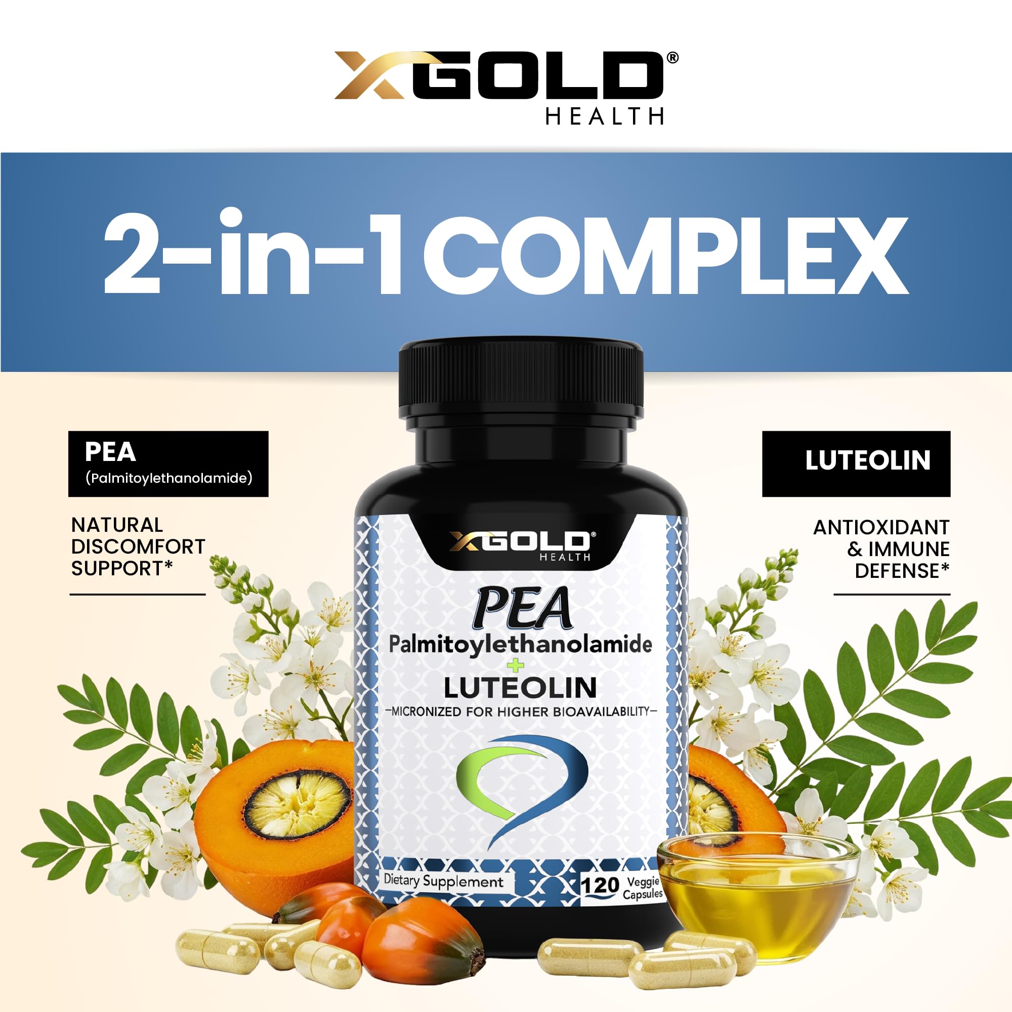 Palmitoylethanolamide 630 mg + Luteolin Standardized 98%- Micronized Pea 99% Highly Purified and Bioavailable - Made in USA - Supplement for Men and Women - 120 Veggie Capsules - TrustMedUSA