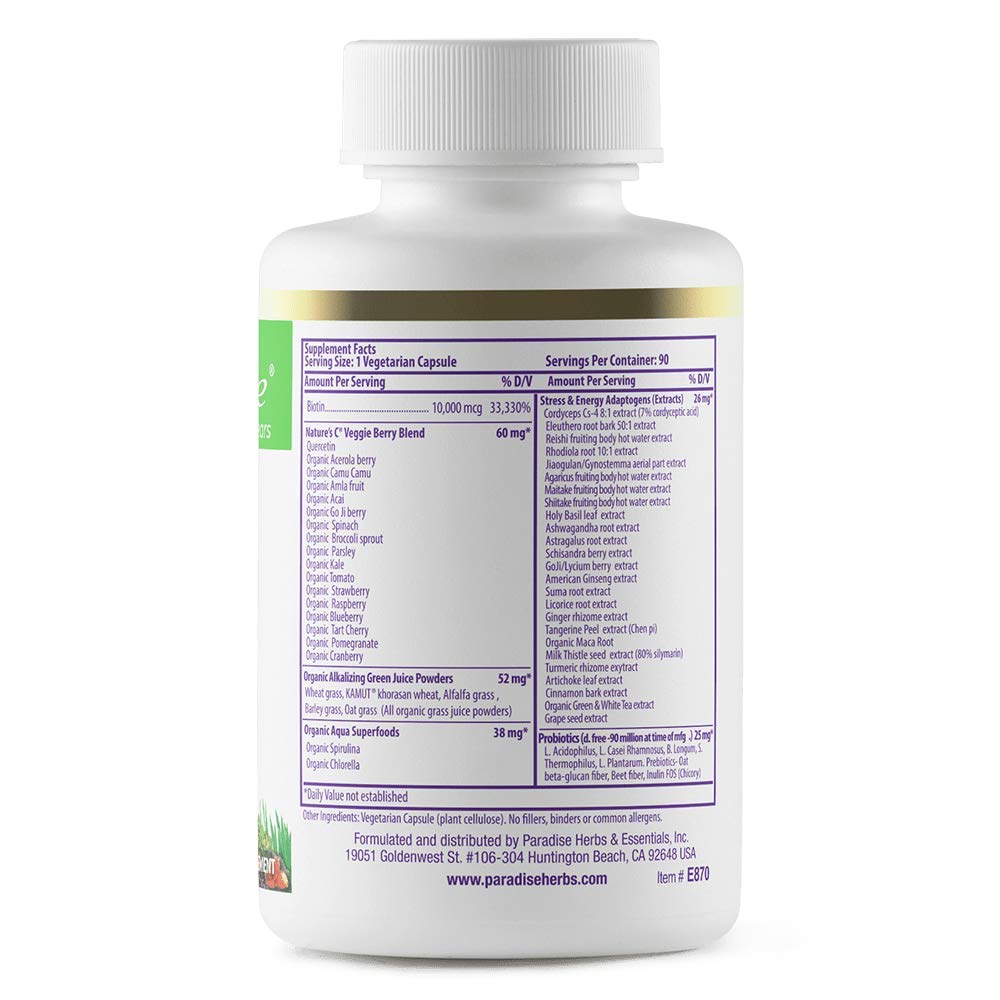 Paradise Herbs Earth's Blend Biotin Supplement, Hair, Skin & Nails, Whole Body Health, Vegan, Non-GMO, 90 Vegetarian Capsules - TrustMedUSA