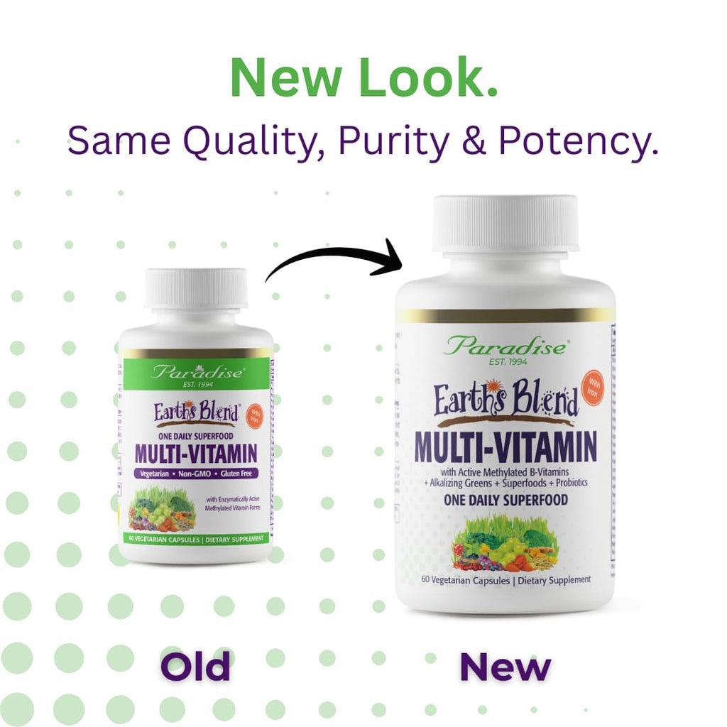 Paradise Herbs Earth's Blend Once Daily Multivitamin with Iron, 48 Organic Superfoods, Probiotics, Antioxidants, Vitamins A, B12, C, D, K2, 60 Capsules - TrustMedUSA