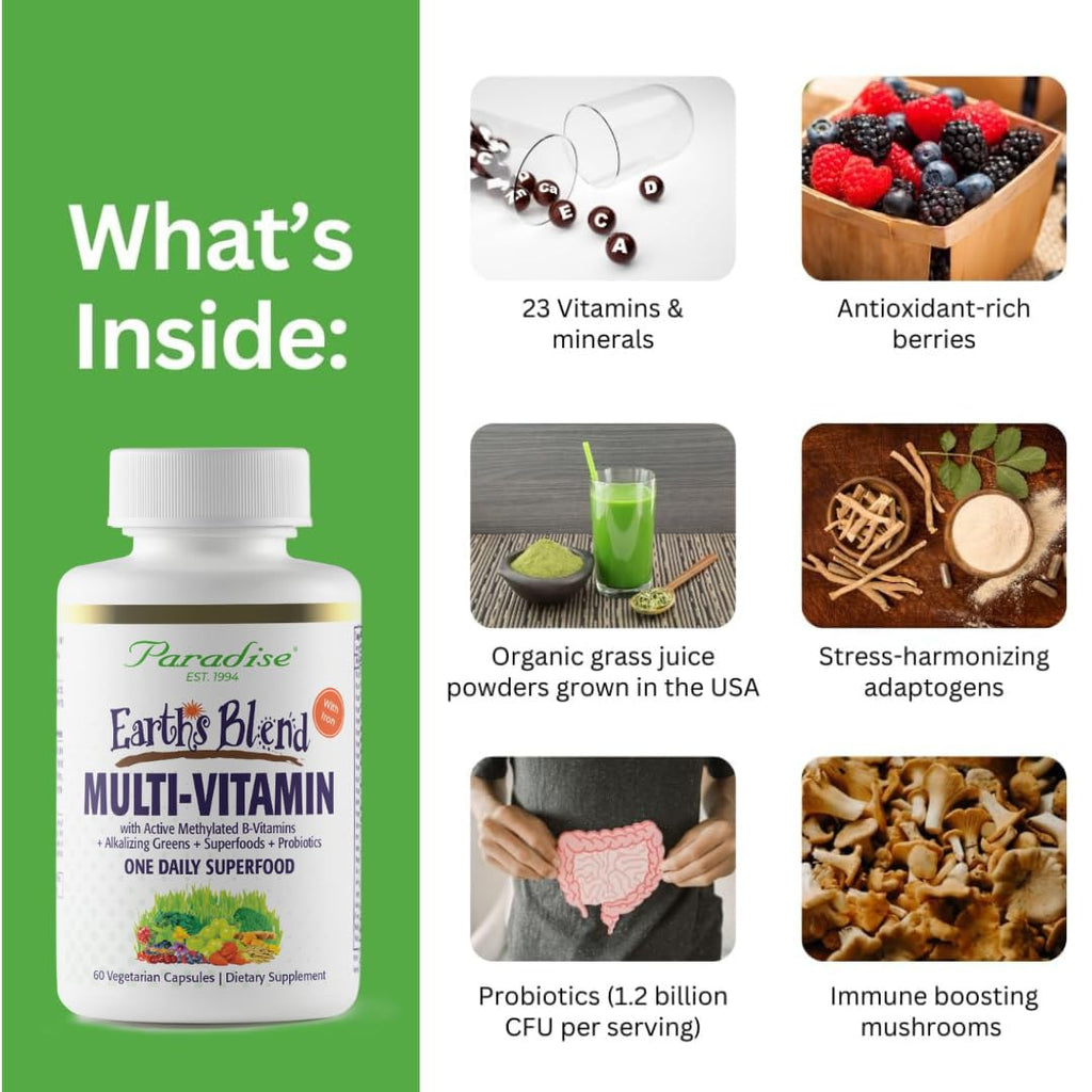 Paradise Herbs Earth's Blend Once Daily Multivitamin with Iron, 48 Organic Superfoods, Probiotics, Antioxidants, Vitamins A, B12, C, D, K2, 60 Capsules - TrustMedUSA