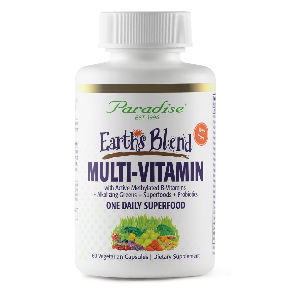 Paradise Herbs Earth's Blend Once Daily Multivitamin with Iron, 48 Organic Superfoods, Probiotics, Antioxidants, Vitamins A, B12, C, D, K2, 60 Capsules - TrustMedUSA