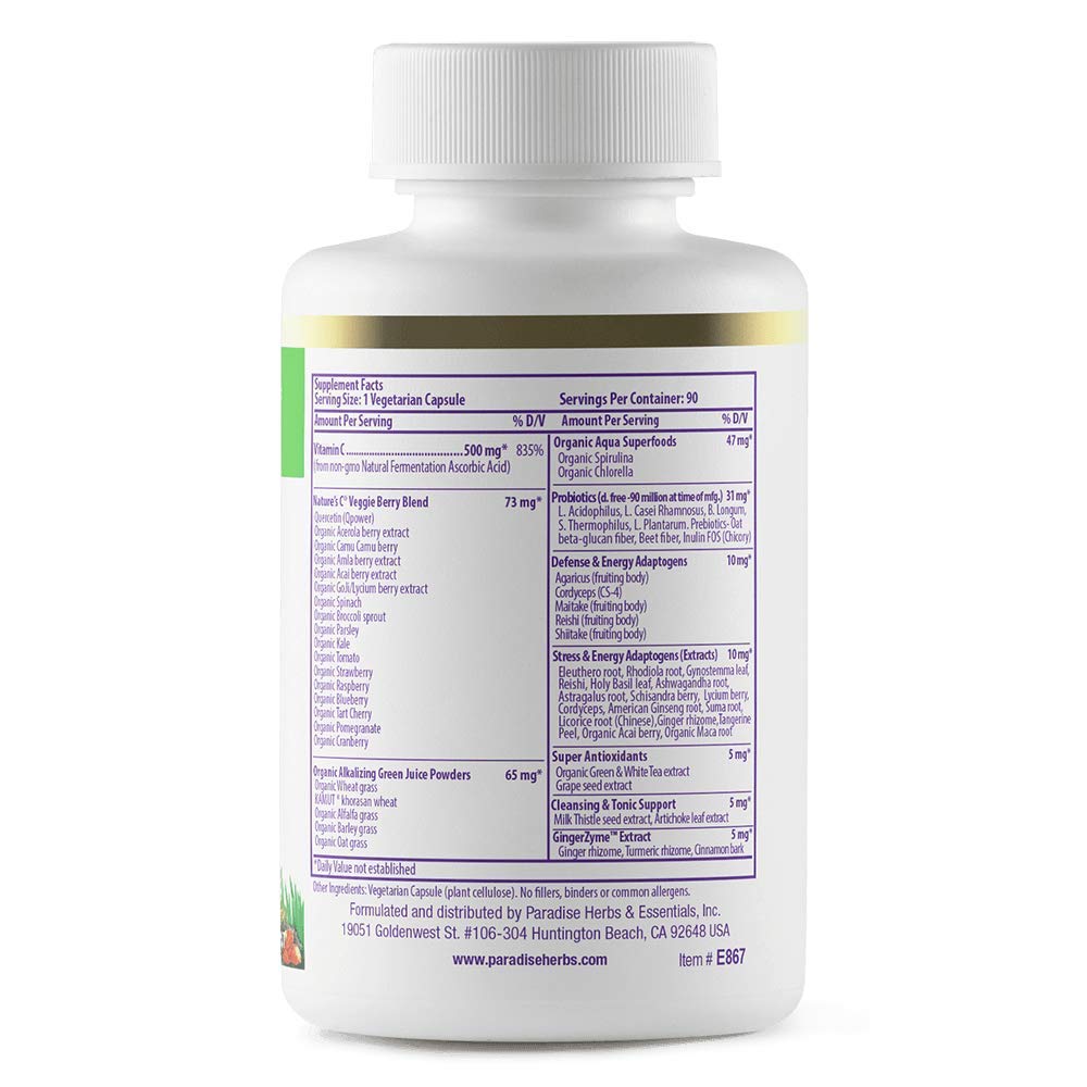 Paradise Herbs Earth's Blend Vitamin C with Nature's C and Adaptogens, Superfoods Base of Probiotics & Organic Alkalizing Greens, 90 Vegetarian Capsules - TrustMedUSA