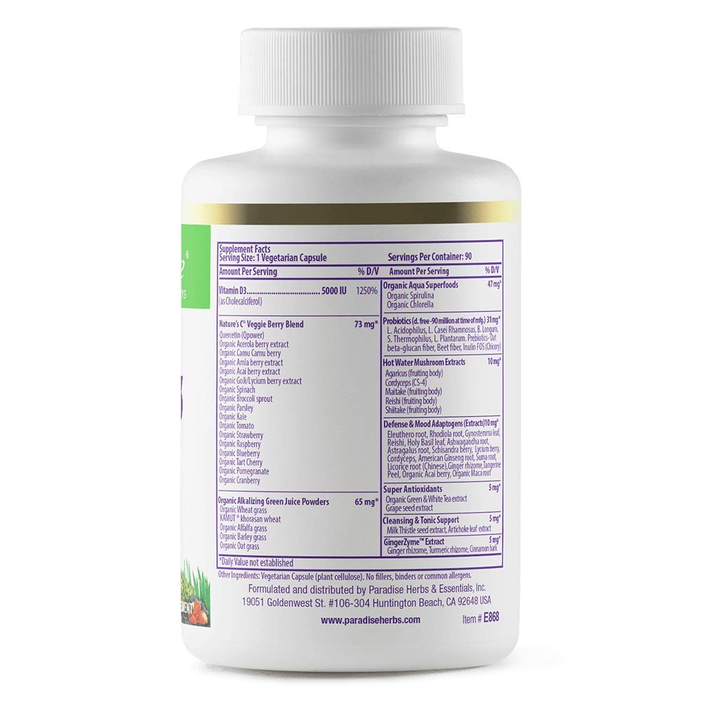 Paradise Herbs Earth's Blend Vitamin D3, Superfoods Base of Probiotics and Organic Alkalizing Greens, Veggies & Berries, 90 Vegetarian Capsules - TrustMedUSA
