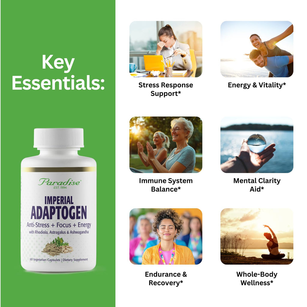 Paradise Herbs, Imperial Adaptogens, with Ashwagandha, Astragalus, Rhodiola, Proprietary Adaptogen Blend for Stress Support, Focus & Energy, 60 Vegetarian Capsules - TrustMedUSA