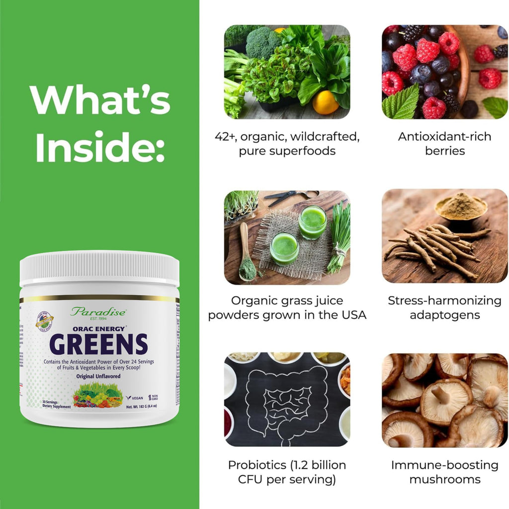 Paradise, ORAC Energy Greens Powder Extract, Super Antioxidants, Probiotics for Gut Health & Digestion, Vitamin C for Immunity, with Spirulina & Chlorella, Non-GMO, Gluten Free, 30 Servings - TrustMedUSA
