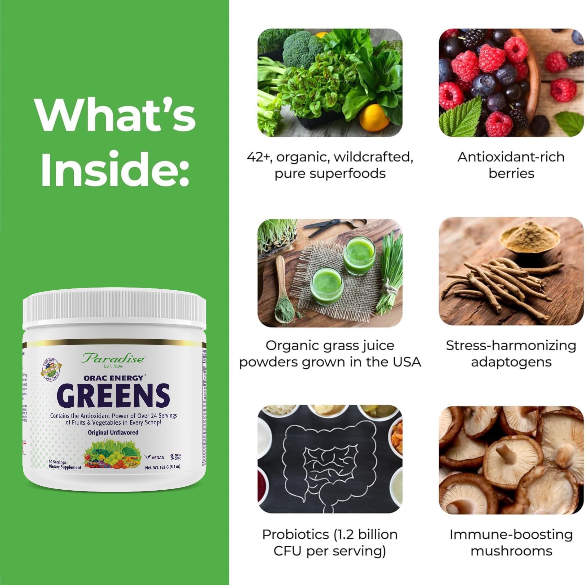 Paradise, ORAC Energy Greens Powder Extract, Super Antioxidants, Probiotics for Gut Health & Digestion, Vitamin C for Immunity, with Spirulina & Chlorella, Non-GMO, Gluten Free, 30 Servings - TrustMedUSA