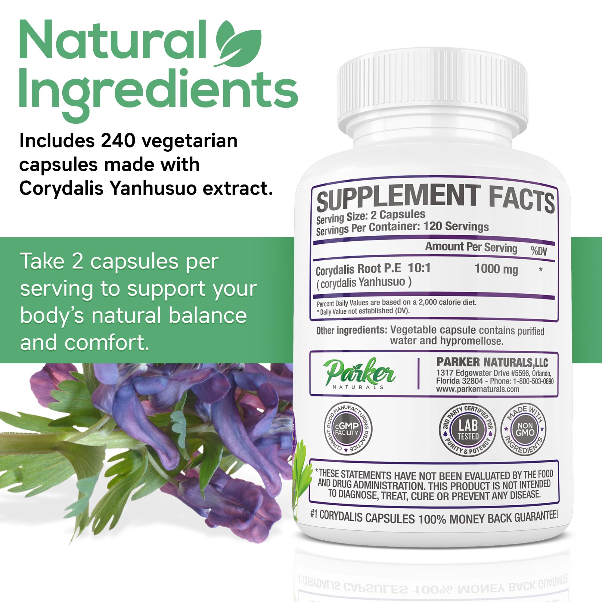 Parker Naturals Pure Corydalis Root Extract Capsule - 1000mg Strength, 10:1 Corydalis Yanhusuo Extract, Natural Relief, Long Lasting, 100% Vegetarian, 120 Servings, 240 Count - TrustMedUSA