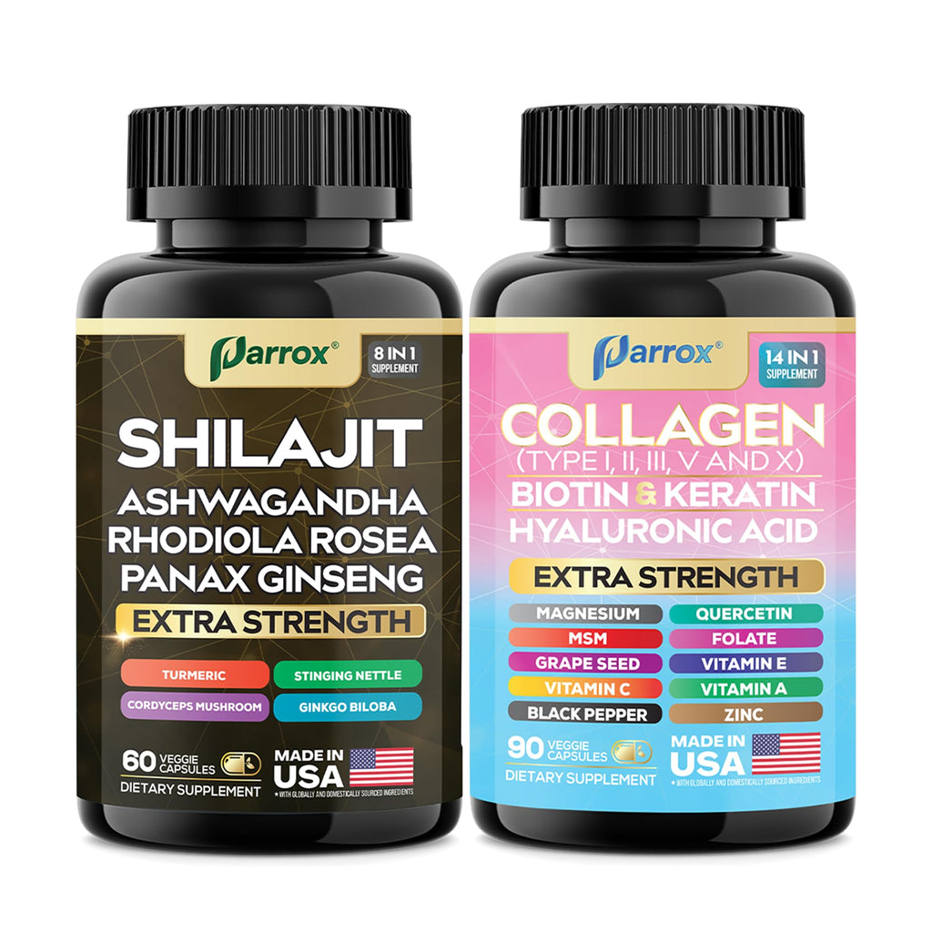 Parrox Adaptogen & Beauty Bundle – Rhodiola, Panax Ginseng, Ashwagandha, Cordyceps, Turmeric, Collagen, Biotin, Keratin, MSM, Hyaluronic Acid, Zinc, Quercetin, Vitamin C, A & E, Folate, Magnesium - TrustMedUSA