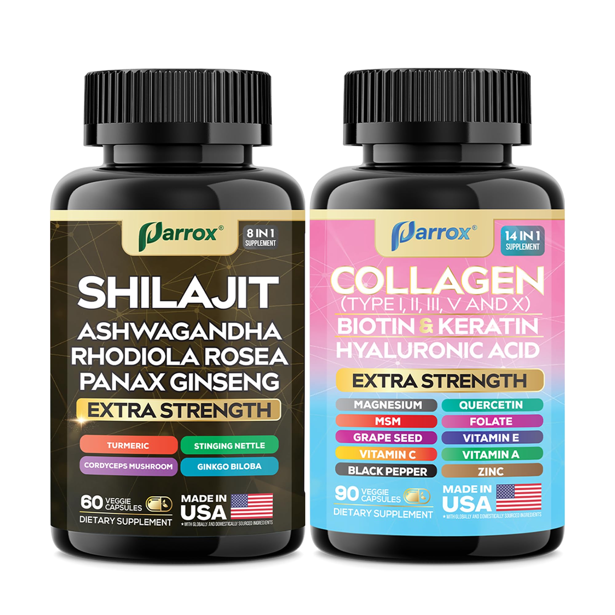 Parrox Adaptogen & Beauty Bundle – Rhodiola, Panax Ginseng, Ashwagandha, Cordyceps, Turmeric, Collagen, Biotin, Keratin, MSM, Hyaluronic Acid, Zinc, Quercetin, Vitamin C, A & E, Folate, Magnesium - TrustMedUSA