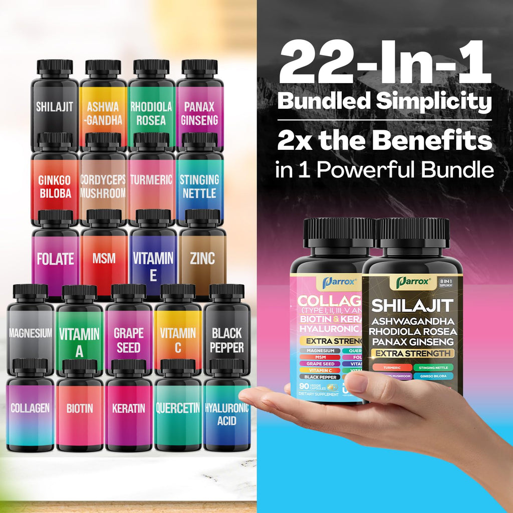 Parrox Adaptogen & Beauty Bundle – Rhodiola, Panax Ginseng, Ashwagandha, Cordyceps, Turmeric, Collagen, Biotin, Keratin, MSM, Hyaluronic Acid, Zinc, Quercetin, Vitamin C, A & E, Folate, Magnesium - TrustMedUSA