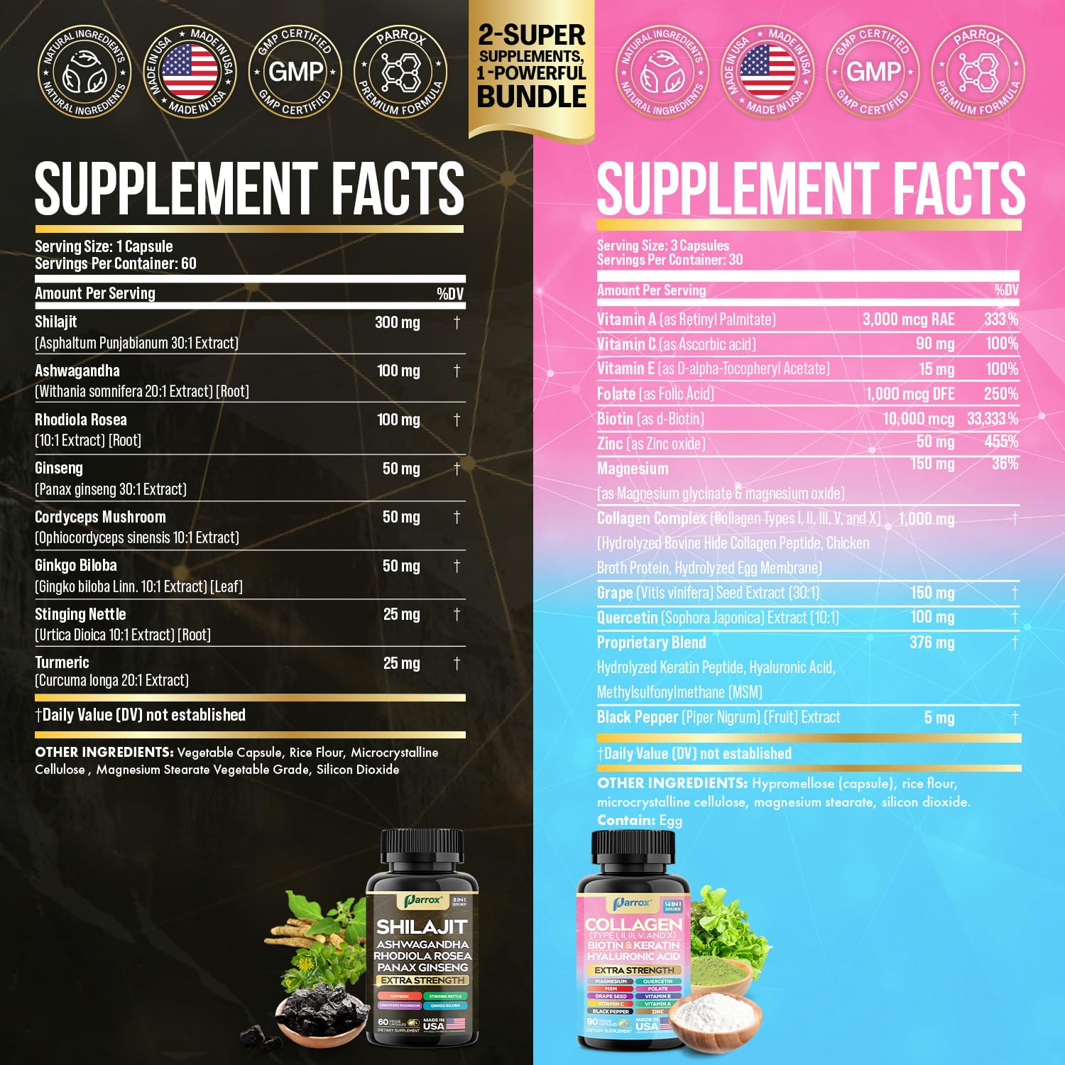 Parrox Adaptogen & Beauty Bundle – Rhodiola, Panax Ginseng, Ashwagandha, Cordyceps, Turmeric, Collagen, Biotin, Keratin, MSM, Hyaluronic Acid, Zinc, Quercetin, Vitamin C, A & E, Folate, Magnesium - TrustMedUSA