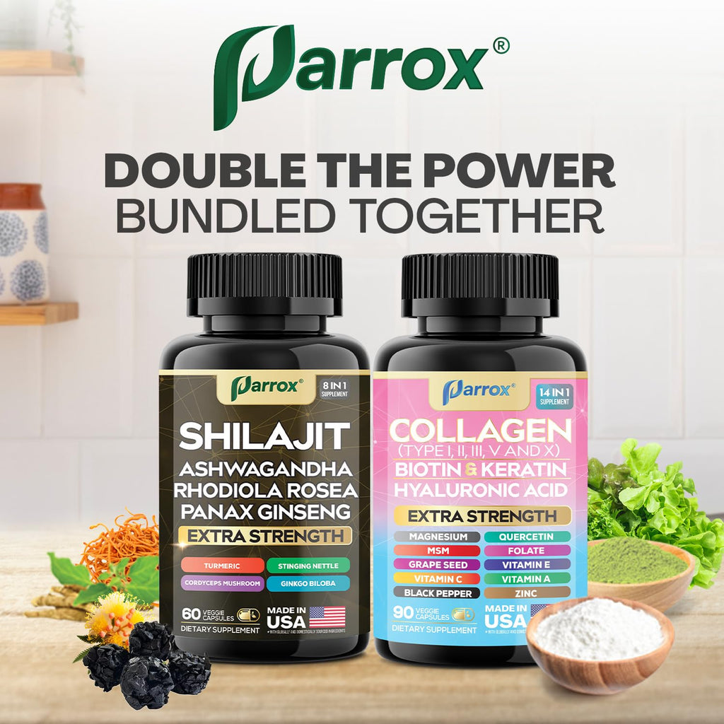 Parrox Adaptogen & Beauty Bundle – Rhodiola, Panax Ginseng, Ashwagandha, Cordyceps, Turmeric, Collagen, Biotin, Keratin, MSM, Hyaluronic Acid, Zinc, Quercetin, Vitamin C, A & E, Folate, Magnesium - TrustMedUSA