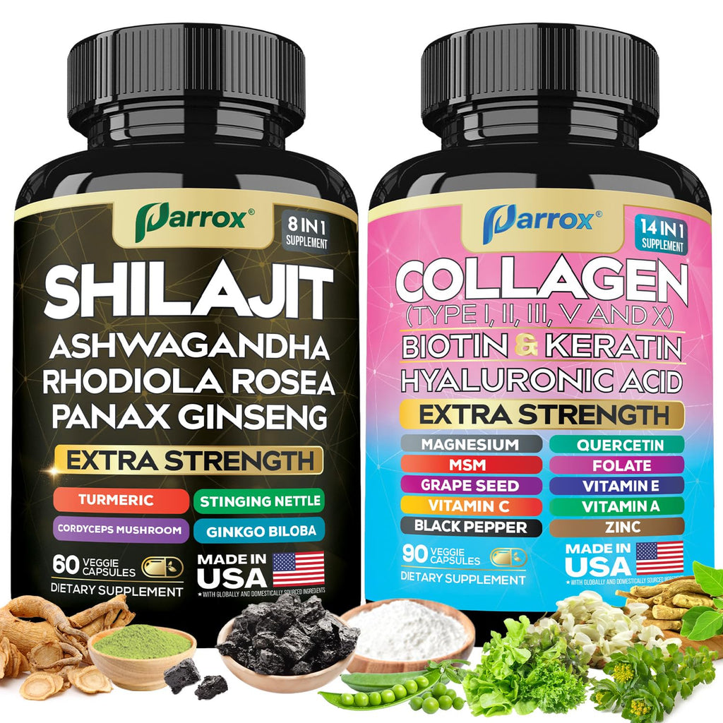 Parrox Adaptogen & Beauty Bundle – Rhodiola, Panax Ginseng, Ashwagandha, Cordyceps, Turmeric, Collagen, Biotin, Keratin, MSM, Hyaluronic Acid, Zinc, Quercetin, Vitamin C, A & E, Folate, Magnesium - TrustMedUSA