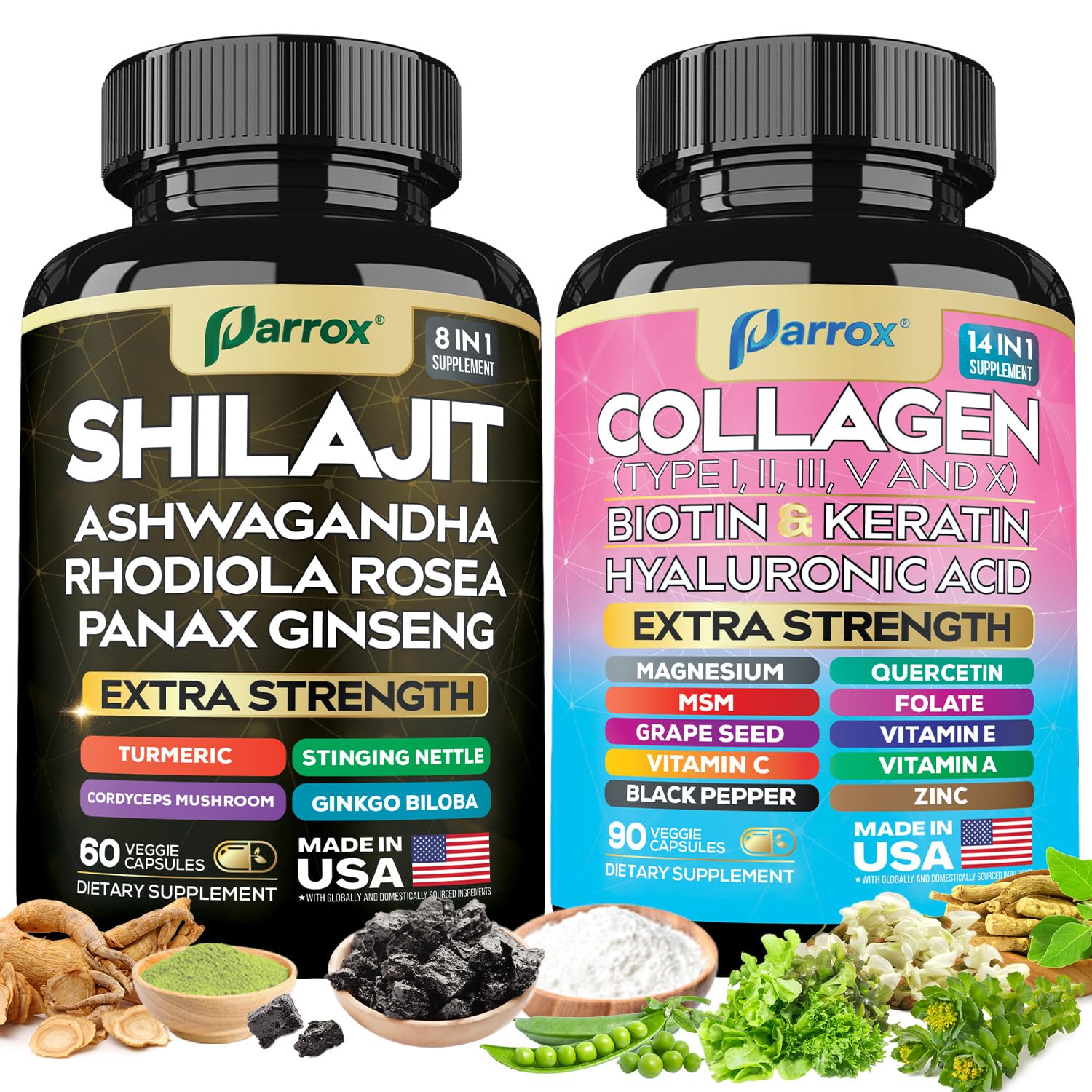 Parrox Adaptogen & Beauty Bundle – Rhodiola, Panax Ginseng, Ashwagandha, Cordyceps, Turmeric, Collagen, Biotin, Keratin, MSM, Hyaluronic Acid, Zinc, Quercetin, Vitamin C, A & E, Folate, Magnesium - TrustMedUSA