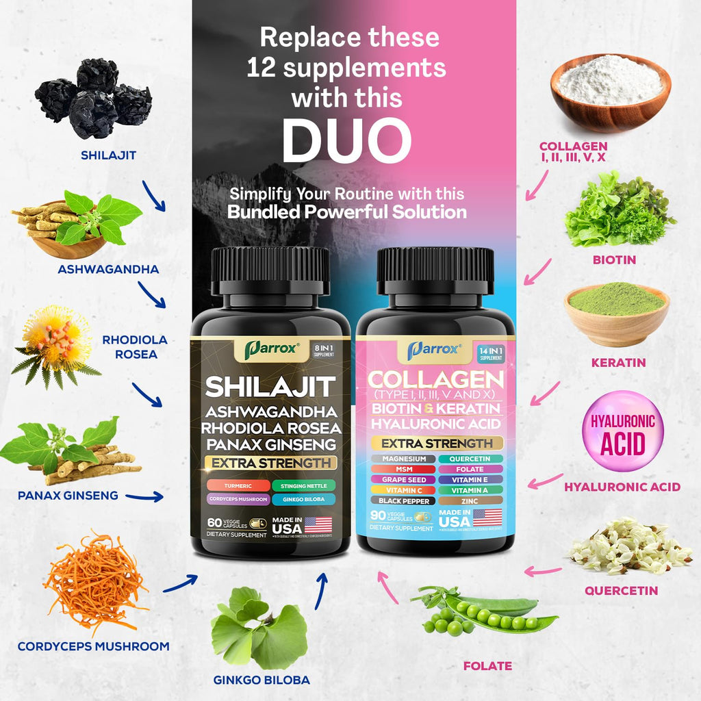 Parrox Adaptogen & Beauty Bundle – Rhodiola, Panax Ginseng, Ashwagandha, Cordyceps, Turmeric, Collagen, Biotin, Keratin, MSM, Hyaluronic Acid, Zinc, Quercetin, Vitamin C, A & E, Folate, Magnesium - TrustMedUSA