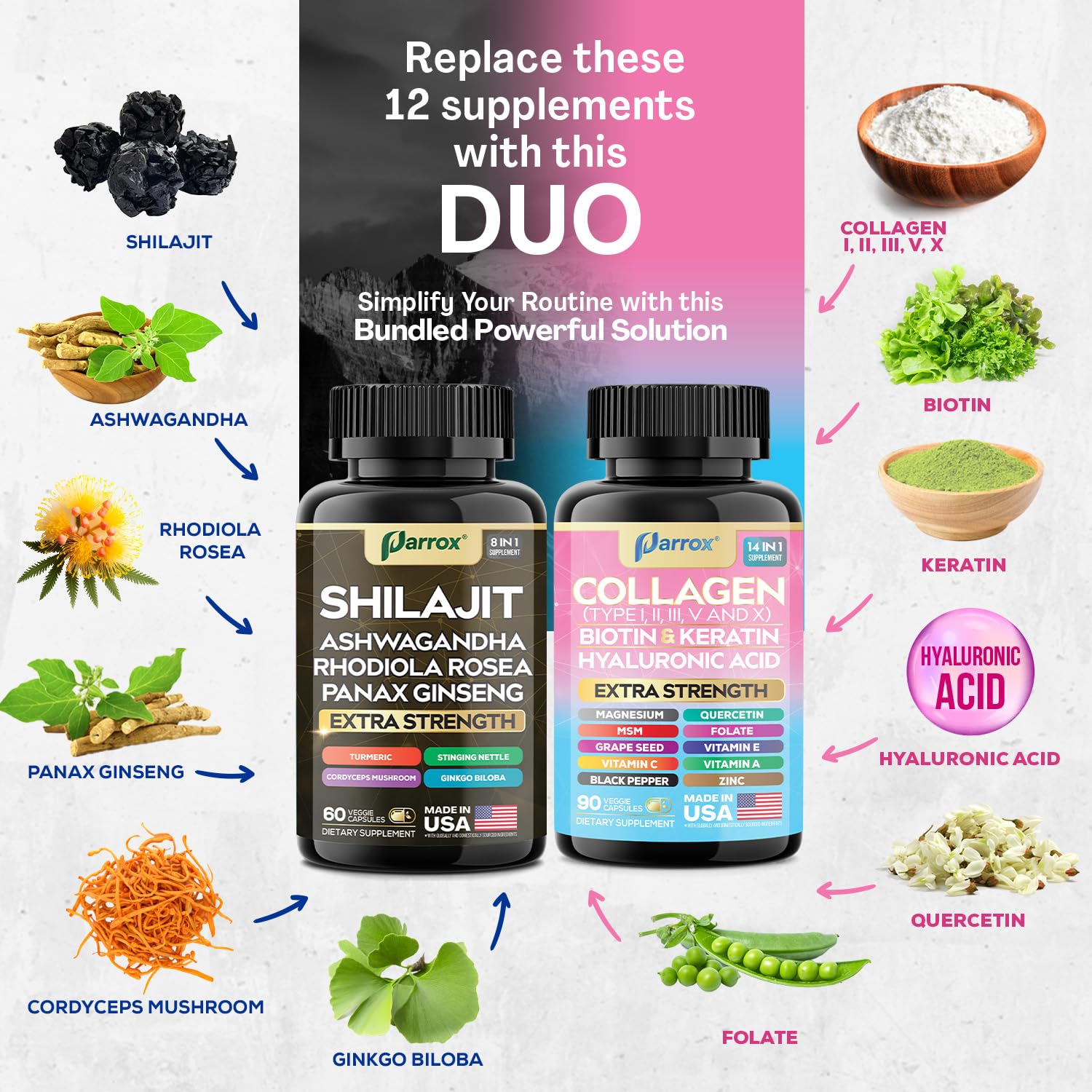 Parrox Adaptogen & Beauty Bundle – Rhodiola, Panax Ginseng, Ashwagandha, Cordyceps, Turmeric, Collagen, Biotin, Keratin, MSM, Hyaluronic Acid, Zinc, Quercetin, Vitamin C, A & E, Folate, Magnesium - TrustMedUSA