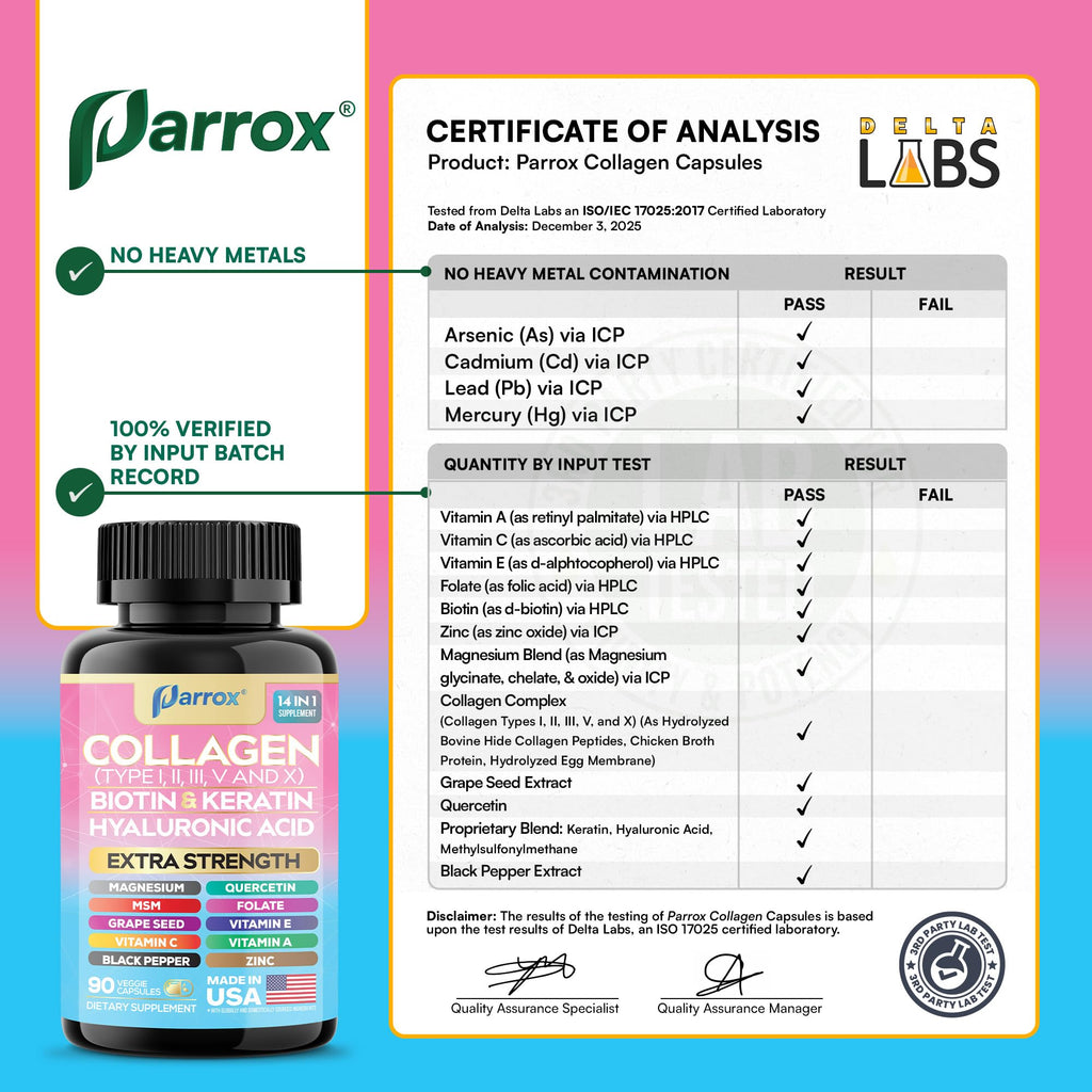 Parrox Collagen Peptides Types I, II, III, V & X, MCG Biotin, Keratin, Hyaluronic Acid, MSM, Zinc, Grape Seed Extract, Quercetin, Vitamin A, Vitamin C, - TrustMedUSA