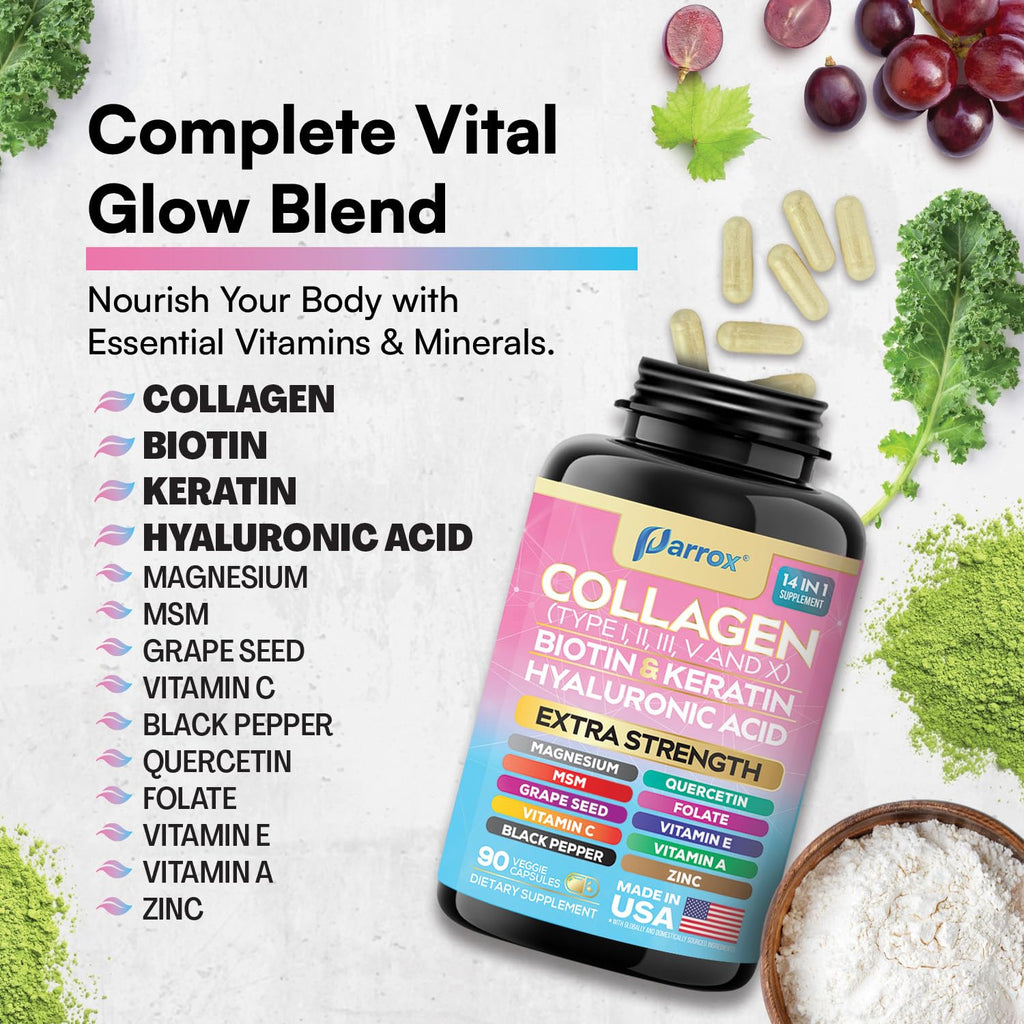 Parrox Collagen Peptides Types I, II, III, V & X, MCG Biotin, Keratin, Hyaluronic Acid, MSM, Zinc, Grape Seed Extract, Quercetin, Vitamin A, Vitamin C, - TrustMedUSA