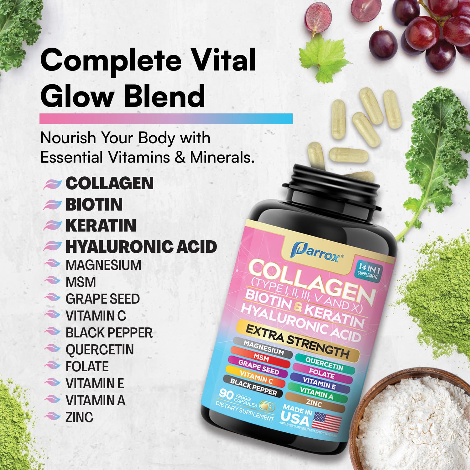 Parrox Collagen Peptides Types I, II, III, V & X, MCG Biotin, Keratin, Hyaluronic Acid, MSM, Zinc, Grape Seed Extract, Quercetin, Vitamin A, Vitamin C, - TrustMedUSA