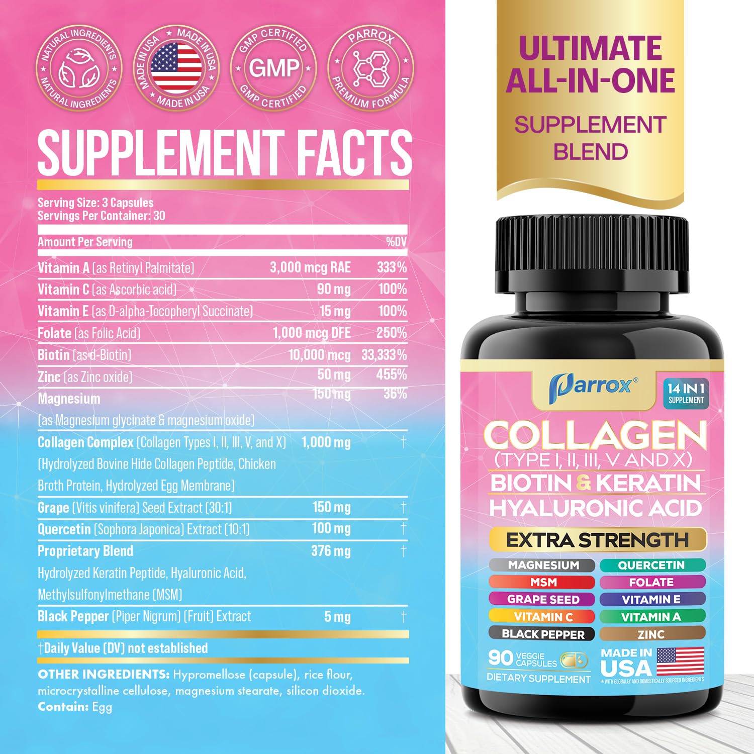 Parrox Collagen Peptides Types I, II, III, V & X, MCG Biotin, Keratin, Hyaluronic Acid, MSM, Zinc, Grape Seed Extract, Quercetin, Vitamin A, Vitamin C, - TrustMedUSA