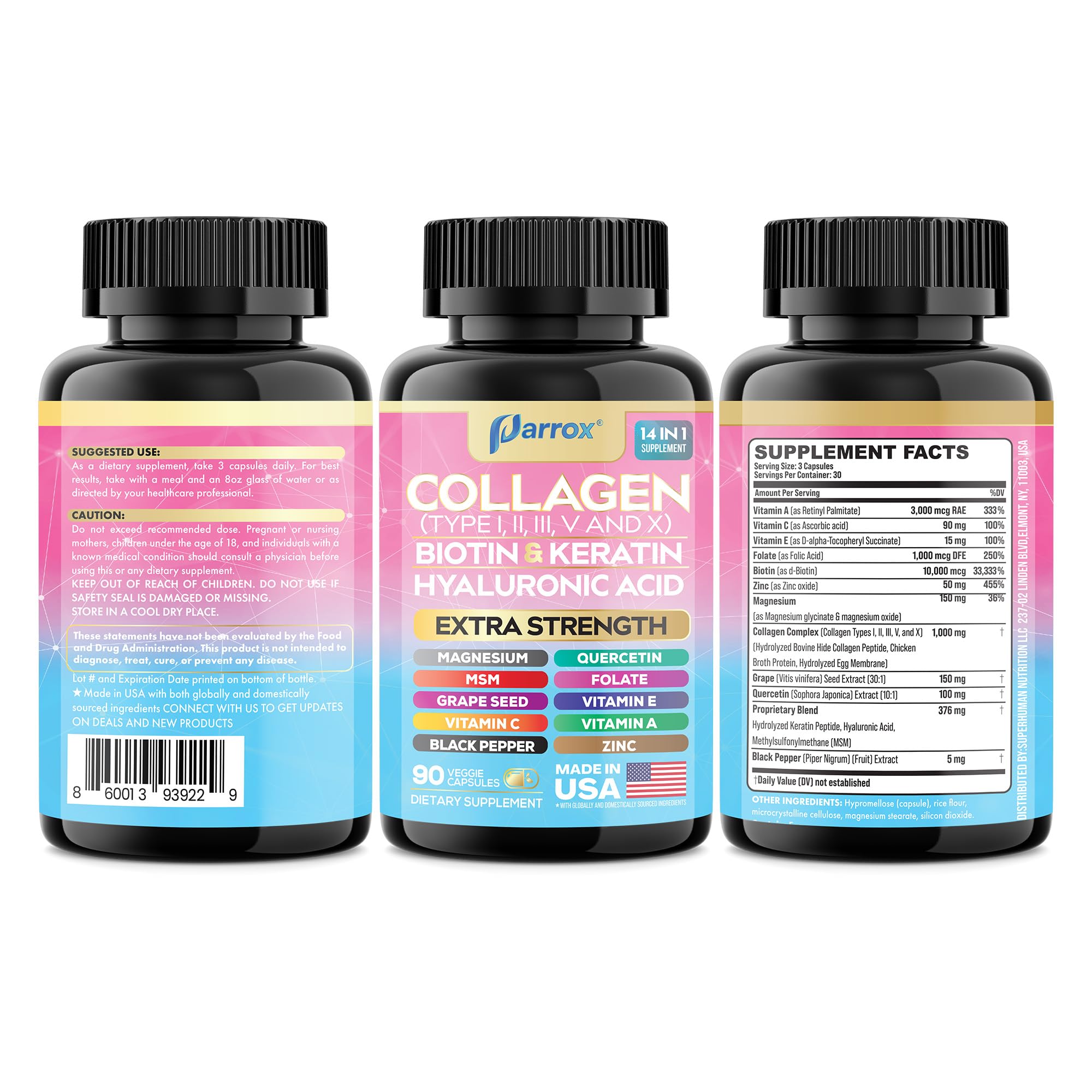 Parrox Collagen Peptides Types I, II, III, V & X, MCG Biotin, Keratin, Hyaluronic Acid, MSM, Zinc, Grape Seed Extract, Quercetin, Vitamin A, Vitamin C, - TrustMedUSA