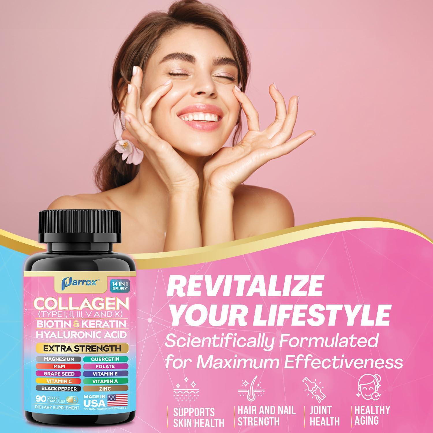 Parrox Collagen Peptides Types I, II, III, V & X, MCG Biotin, Keratin, Hyaluronic Acid, MSM, Zinc, Grape Seed Extract, Quercetin, Vitamin A, Vitamin C, - TrustMedUSA