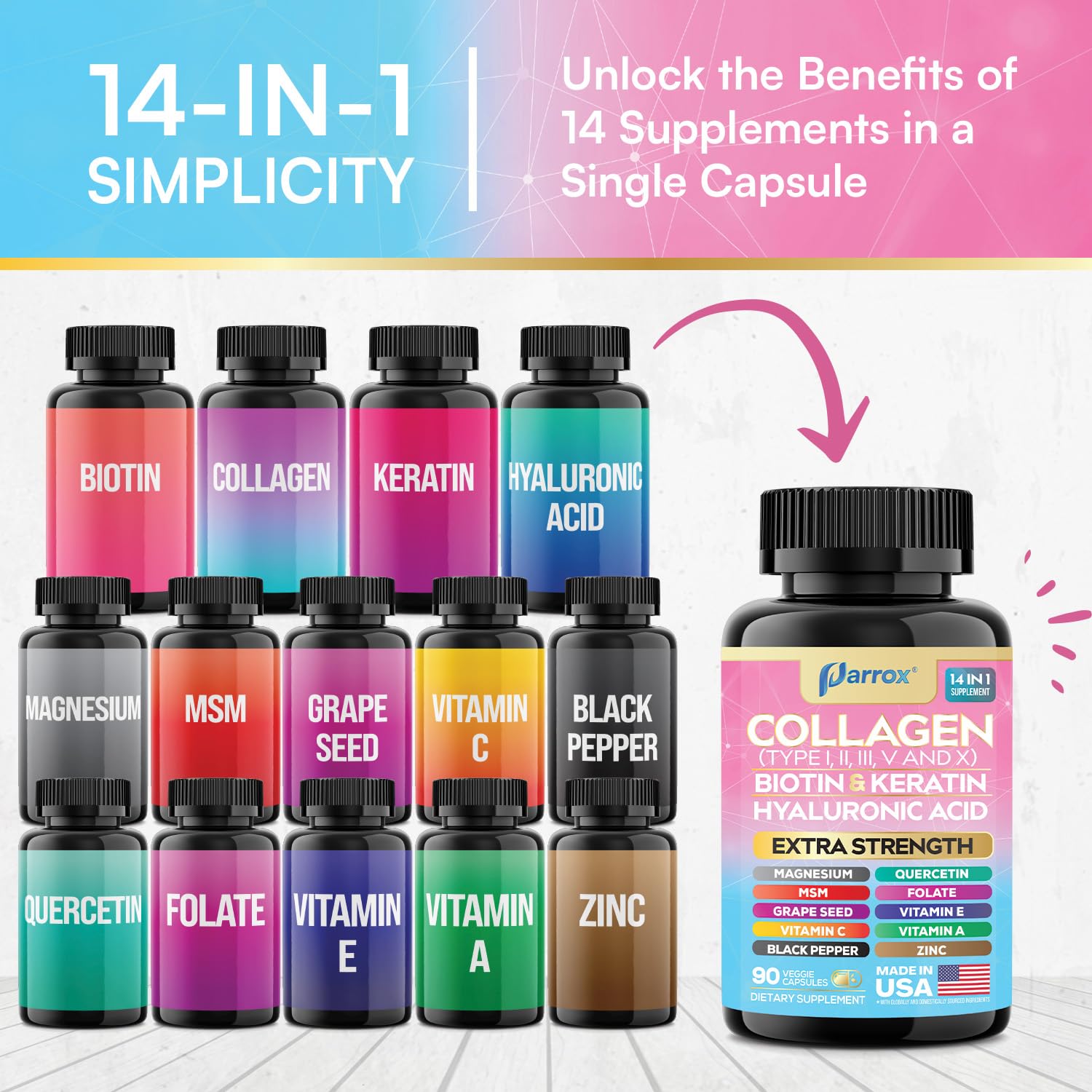 Parrox Collagen Peptides Types I, II, III, V & X, MCG Biotin, Keratin, Hyaluronic Acid, MSM, Zinc, Grape Seed Extract, Quercetin, Vitamin A, Vitamin C, - TrustMedUSA