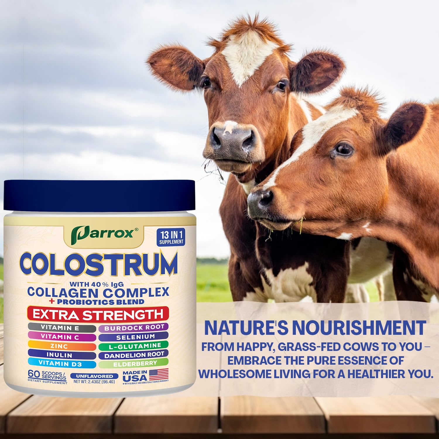 Parrox Colostrum Powder with 40% IgG, Collagen, Probiotics, Burdock Root, L-Glutamine, Elderberry, Vitamin C, Vitamin E, Vitamin D3, Inulin, Selenium, Dandelion Root, Zinc, 60 Servings (Unflavored) - TrustMedUSA