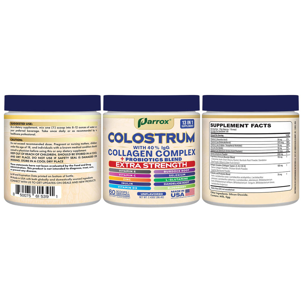 Parrox Colostrum Powder with 40% IgG, Collagen, Probiotics, Burdock Root, L-Glutamine, Elderberry, Vitamin C, Vitamin E, Vitamin D3, Inulin, Selenium, Dandelion Root, Zinc, 60 Servings (Unflavored) - TrustMedUSA