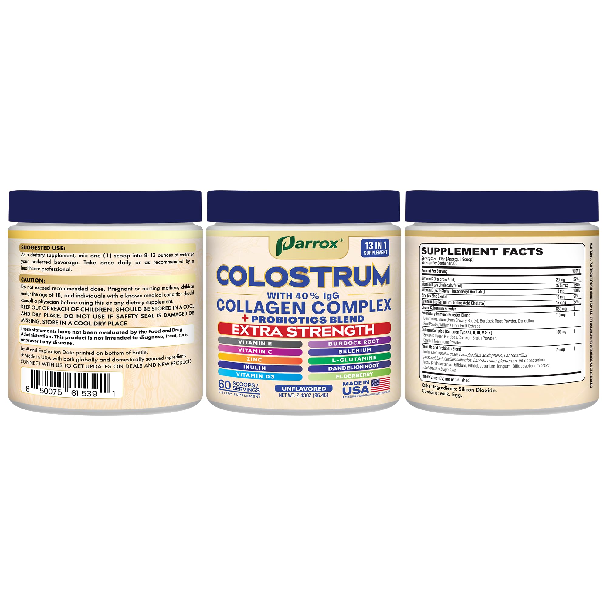 Parrox Colostrum Powder with 40% IgG, Collagen, Probiotics, Burdock Root, L-Glutamine, Elderberry, Vitamin C, Vitamin E, Vitamin D3, Inulin, Selenium, Dandelion Root, Zinc, 60 Servings (Unflavored) - TrustMedUSA