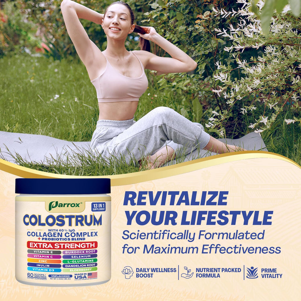 Parrox Colostrum Powder with 40% IgG, Collagen, Probiotics, Burdock Root, L-Glutamine, Elderberry, Vitamin C, Vitamin E, Vitamin D3, Inulin, Selenium, Dandelion Root, Zinc, 60 Servings (Unflavored) - TrustMedUSA