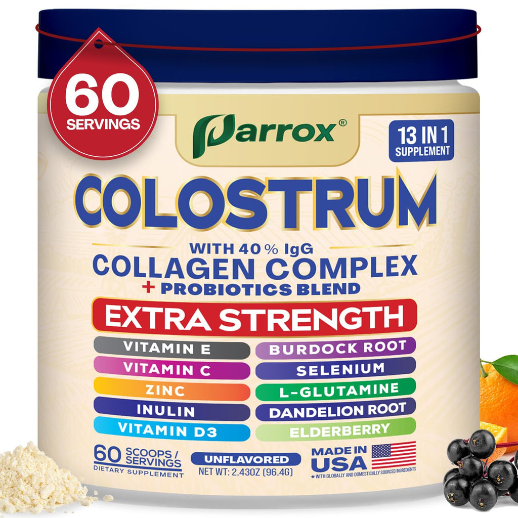 Parrox Colostrum Powder with 40% IgG, Collagen, Probiotics, Burdock Root, L-Glutamine, Elderberry, Vitamin C, Vitamin E, Vitamin D3, Inulin, Selenium, Dandelion Root, Zinc, 60 Servings (Unflavored) - TrustMedUSA