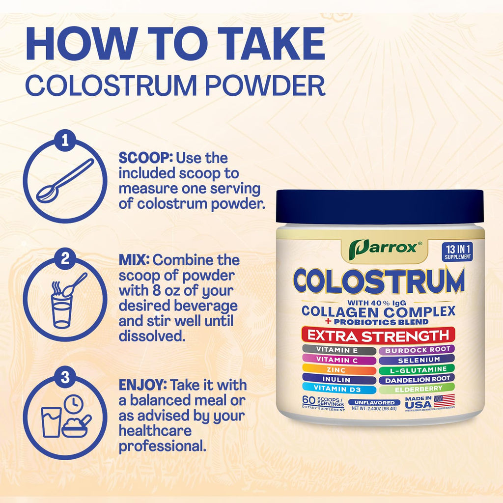 Parrox Colostrum Powder with 40% IgG, Collagen, Probiotics, Burdock Root, L-Glutamine, Elderberry, Vitamin C, Vitamin E, Vitamin D3, Inulin, Selenium, Dandelion Root, Zinc, 60 Servings (Unflavored) - TrustMedUSA