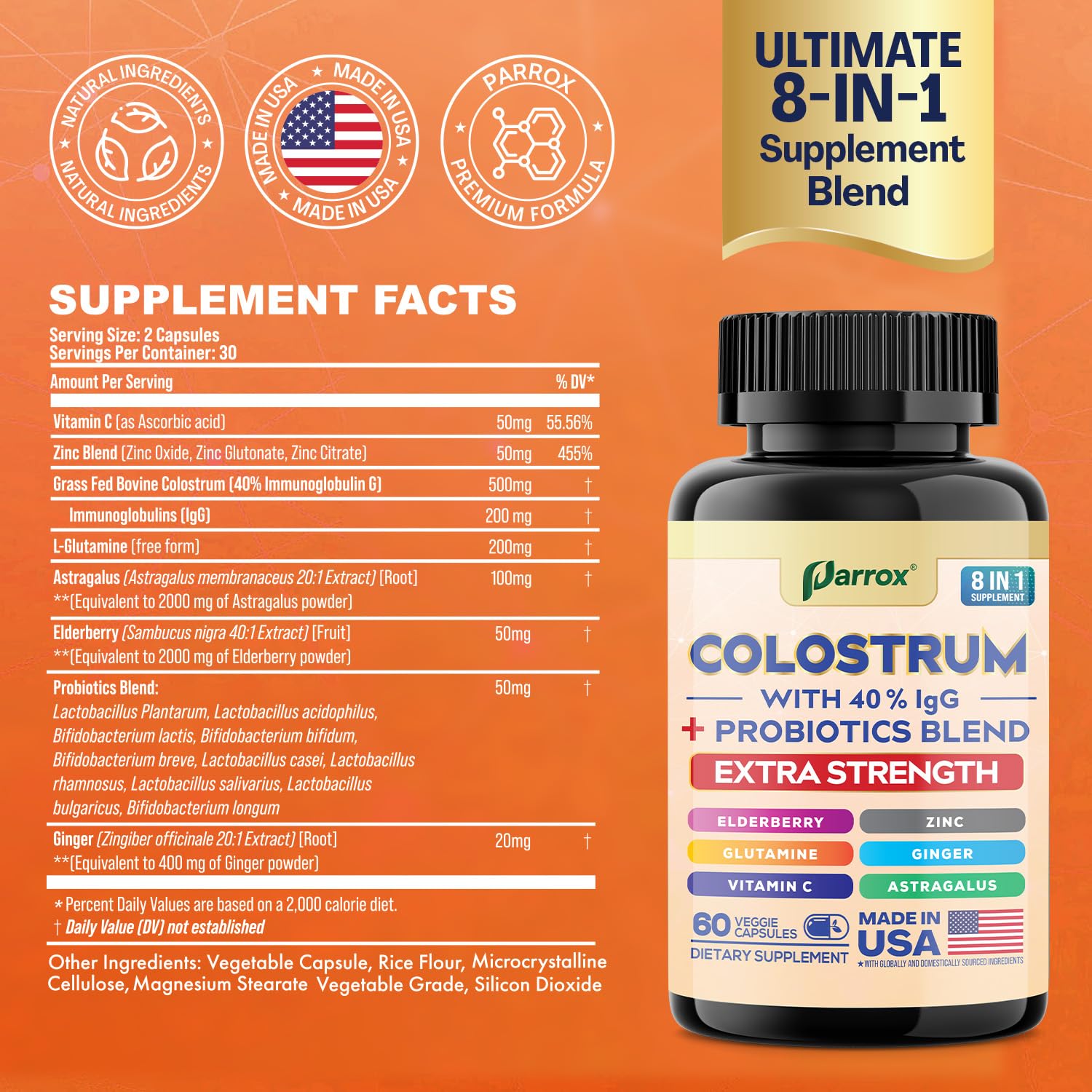 Parrox Colostrum Supplement Capsules, Grass Fed Cow Colostrum with 40% IgG, Probiotics Blend, Elderberry, Astragalus, Zinc, Ginger, Vitamin C, L-Glutamine, 8 in 1 Extra Strength Bovine Boost (60 Caps) - TrustMedUSA