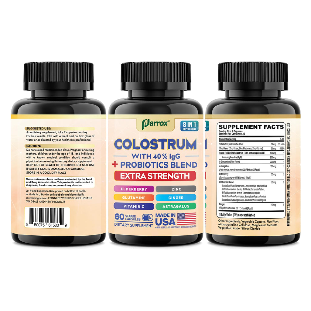 Parrox Colostrum Supplement Capsules, Grass Fed Cow Colostrum with 40% IgG, Probiotics Blend, Elderberry, Astragalus, Zinc, Ginger, Vitamin C, L-Glutamine, 8 in 1 Extra Strength Bovine Boost (60 Caps) - TrustMedUSA