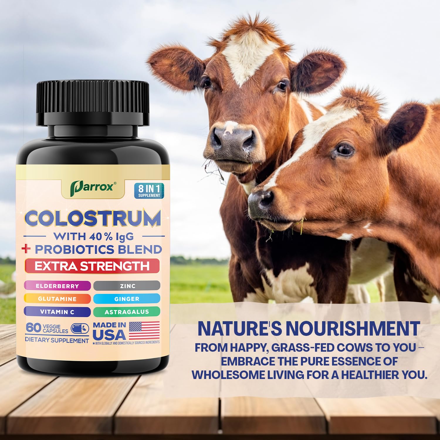Parrox Colostrum Supplement Capsules, Grass Fed Cow Colostrum with 40% IgG, Probiotics Blend, Elderberry, Astragalus, Zinc, Ginger, Vitamin C, L-Glutamine, 8 in 1 Extra Strength Bovine Boost (60 Caps) - TrustMedUSA