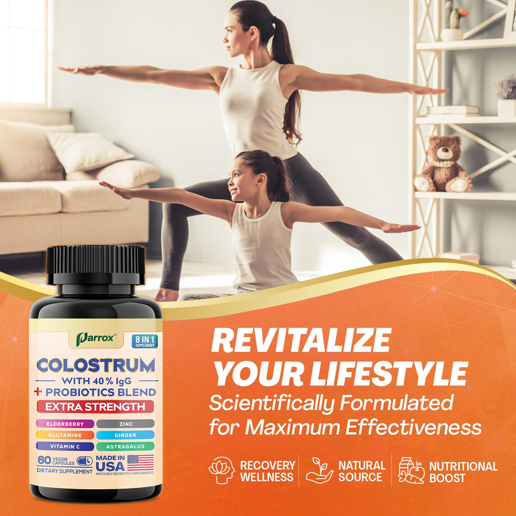 Parrox Colostrum Supplement Capsules, Grass Fed Cow Colostrum with 40% IgG, Probiotics Blend, Elderberry, Astragalus, Zinc, Ginger, Vitamin C, L-Glutamine, 8 in 1 Extra Strength Bovine Boost (60 Caps) - TrustMedUSA