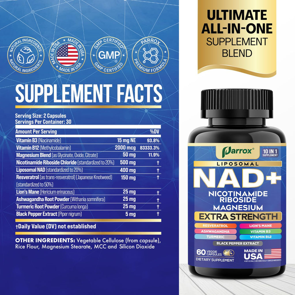 Parrox NAD+ Supplement with Liposomal NAD+, Nicotinamide Riboside, Magnesium, Vitamin B3 & B12, Resveratrol, Turmeric, Ashwagandha, Lion’s Mane,10-in-1 Extra Strength (2 Pack) - TrustMedUSA