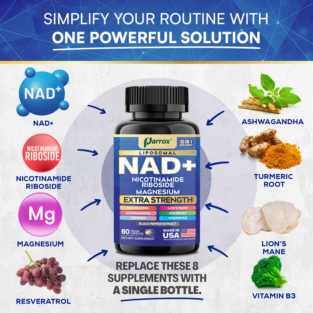 Parrox NAD+ Supplement with Liposomal NAD+, Nicotinamide Riboside, Magnesium, Vitamin B3 & B12, Resveratrol, Turmeric, Ashwagandha, Lion’s Mane,10-in-1 Extra Strength (2 Pack) - TrustMedUSA