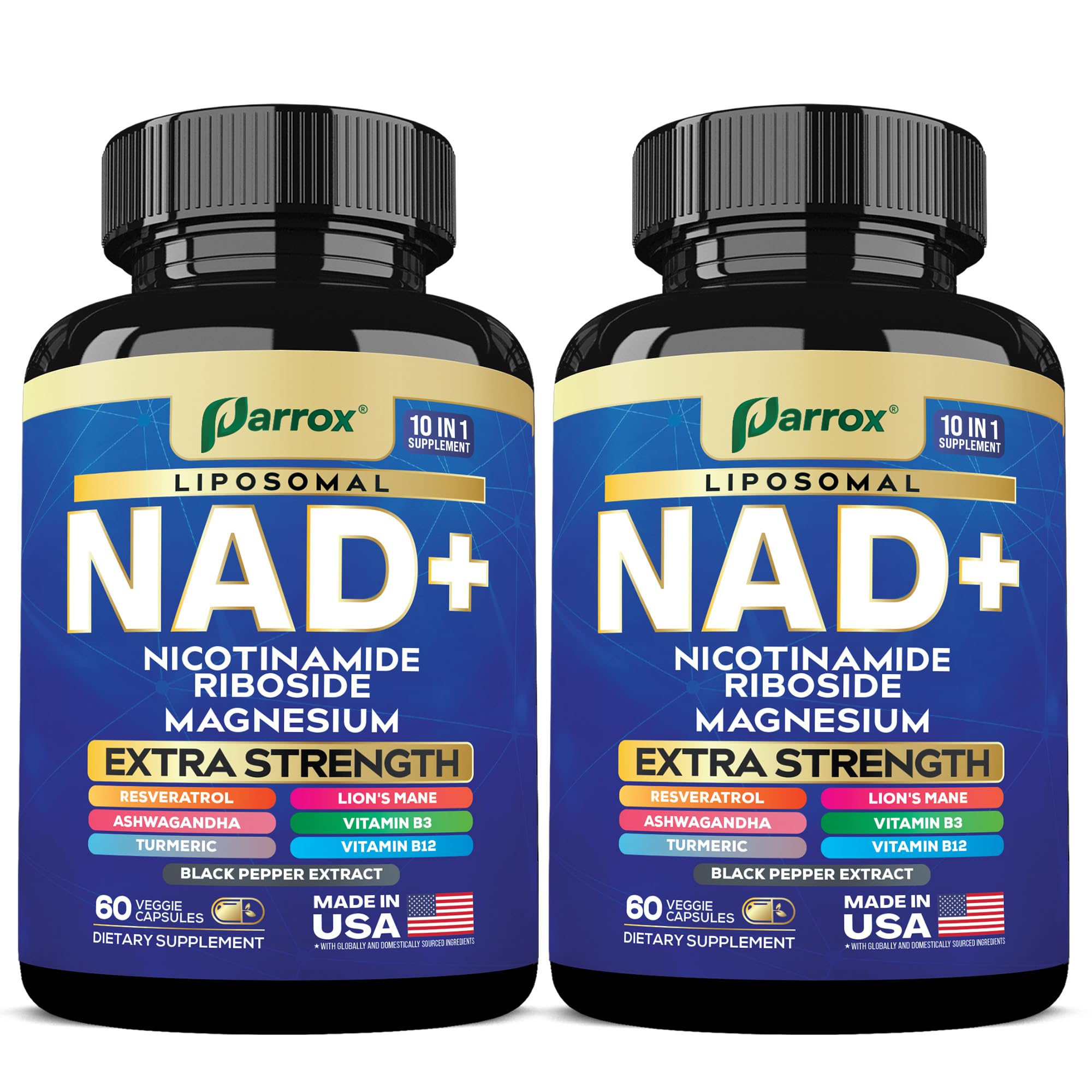 Parrox NAD+ Supplement with Liposomal NAD+, Nicotinamide Riboside, Magnesium, Vitamin B3 & B12, Resveratrol, Turmeric, Ashwagandha, Lion’s Mane,10-in-1 Extra Strength (2 Pack) - TrustMedUSA