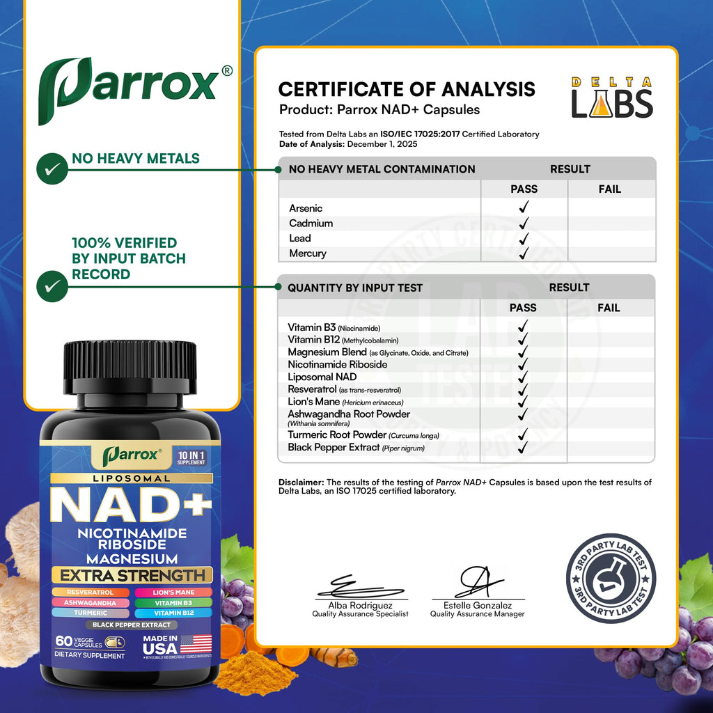 Parrox NAD+ Supplement with Liposomal NAD+, Nicotinamide Riboside, Magnesium, Vitamin B3 & B12, Resveratrol, Turmeric, Ashwagandha, Lion’s Mane,10-in-1 Extra Strength (2 Pack) - TrustMedUSA