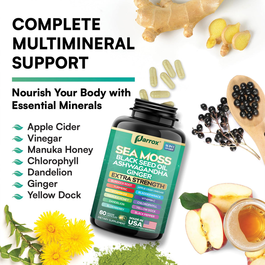 Parrox Sea Moss, Black Seed Oil, Ashwagandha, Turmeric, Chlorophyll, Dandelion, Ginger, Vitamin D3, Black Pepper, Elderberry, ACV, Yellow Dock, Burdock Root, Manuka, Vitamin C, Bladderwrack (60 Caps) - TrustMedUSA
