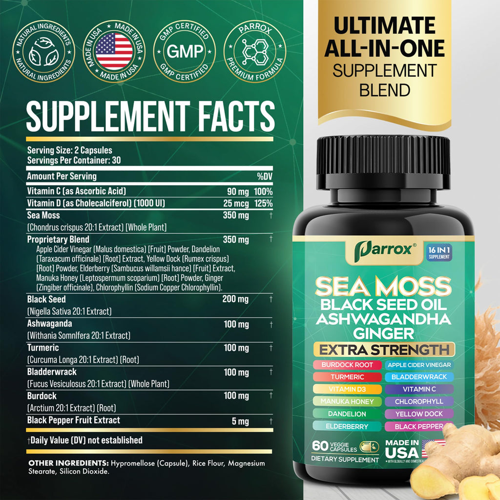 Parrox Sea Moss, Black Seed Oil, Ashwagandha, Turmeric, Chlorophyll, Dandelion, Ginger, Vitamin D3, Black Pepper, Elderberry, ACV, Yellow Dock, Burdock Root, Manuka, Vitamin C, Bladderwrack (60 Caps) - TrustMedUSA