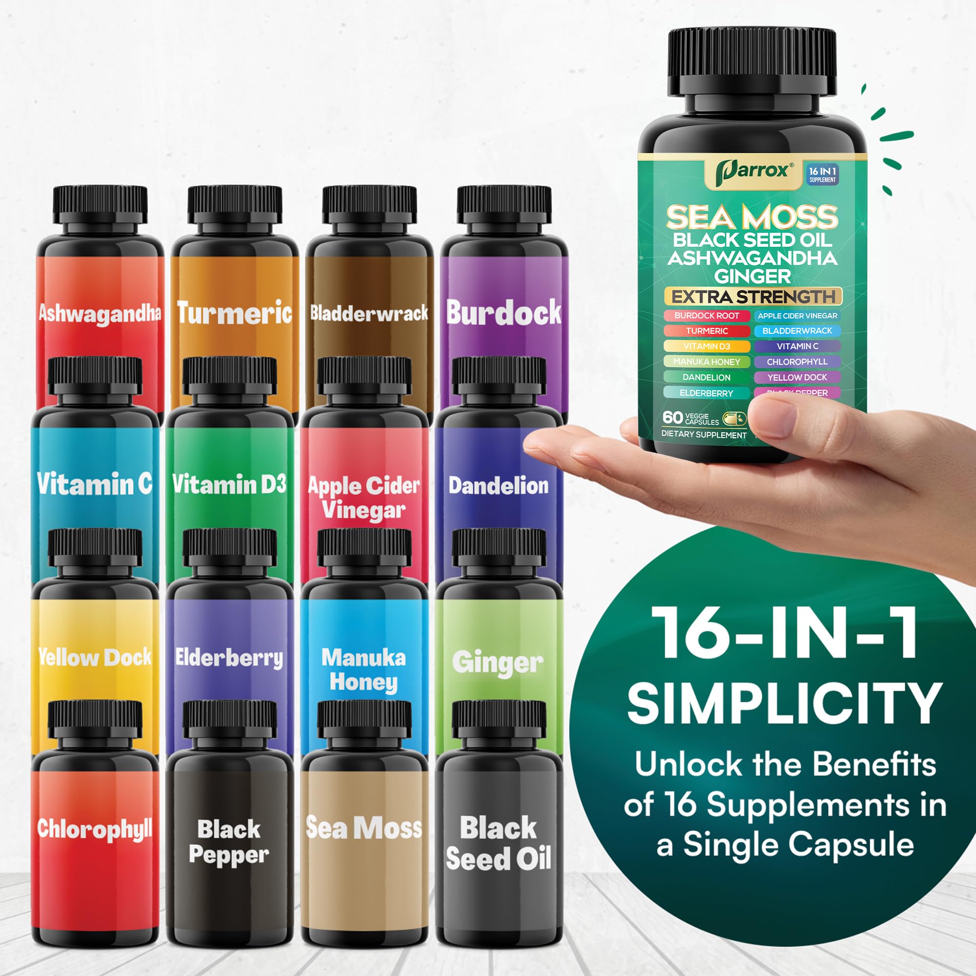 Parrox Sea Moss, Black Seed Oil, Ashwagandha, Turmeric, Chlorophyll, Dandelion, Ginger, Vitamin D3, Black Pepper, Elderberry, ACV, Yellow Dock, Burdock Root, Manuka, Vitamin C, Bladderwrack (60 Caps) - TrustMedUSA