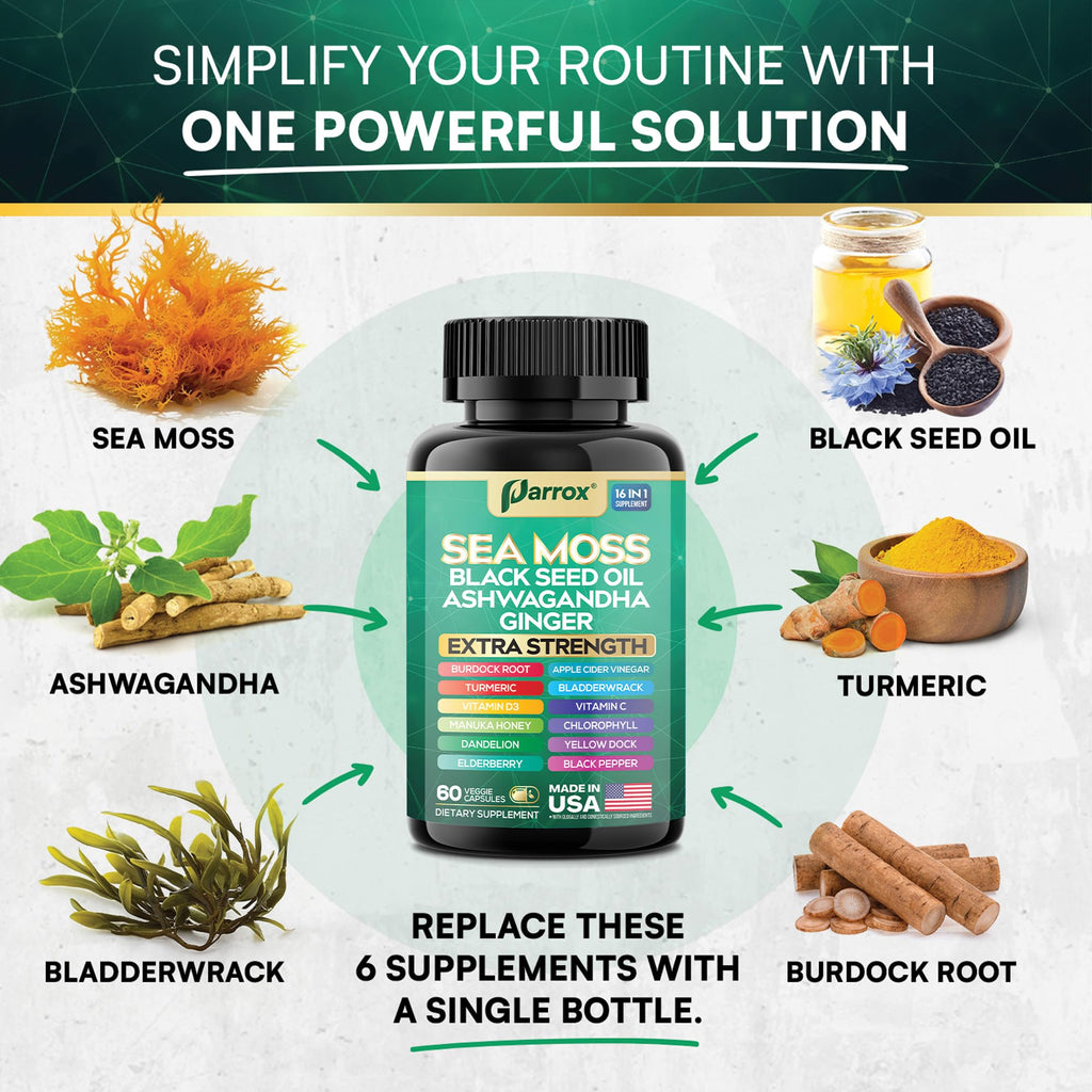 Parrox Sea Moss, Black Seed Oil, Ashwagandha, Turmeric, Chlorophyll, Dandelion, Ginger, Vitamin D3, Black Pepper, Elderberry, ACV, Yellow Dock, Burdock Root, Manuka, Vitamin C, Bladderwrack (60 Caps) - TrustMedUSA
